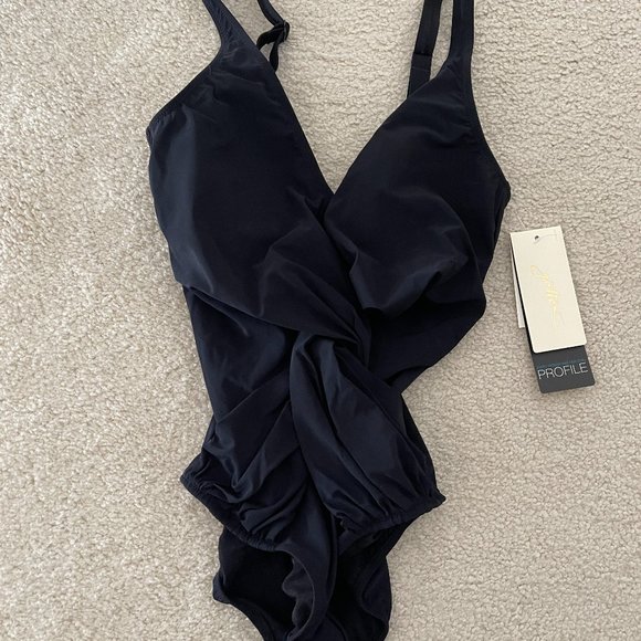 NWT Profile by Gottex Tutti Frutti Center Ruched V-Neck One Piece ~ Black ~ 8 - Picture 2 of 5